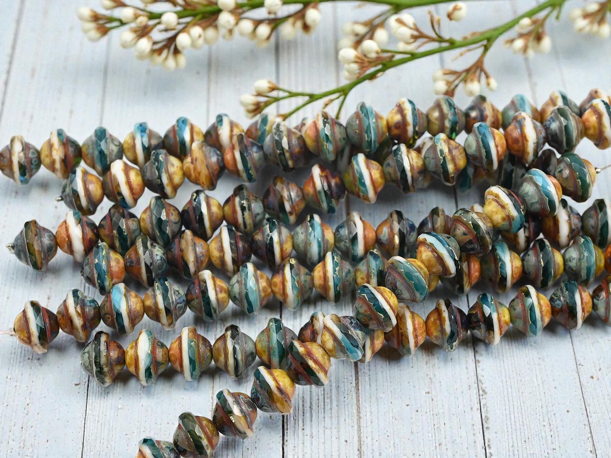 Czech Glass Fire Polished Saturn Beads - Blended Teal Aqua + White Picasso - 8x10mm - 15pcs - (4234)