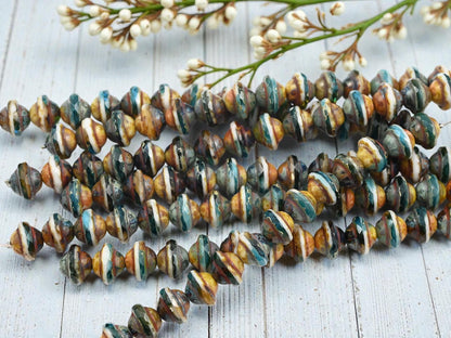 Czech Glass Fire Polished Saturn Beads - Blended Teal Aqua + White Picasso - 8x10mm - 15pcs - (4234)