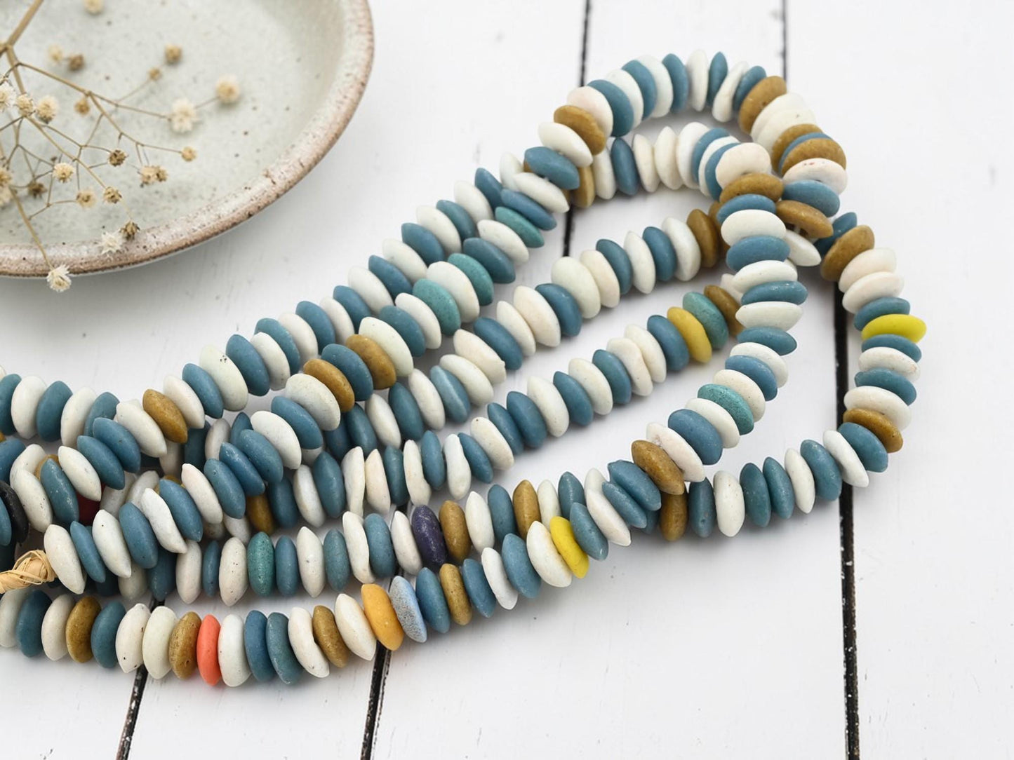 Ashanti Heishi Beads - African Ghana Recycled Glass - Krobo Beads - 13-15mm - 10" Strand - (J42)