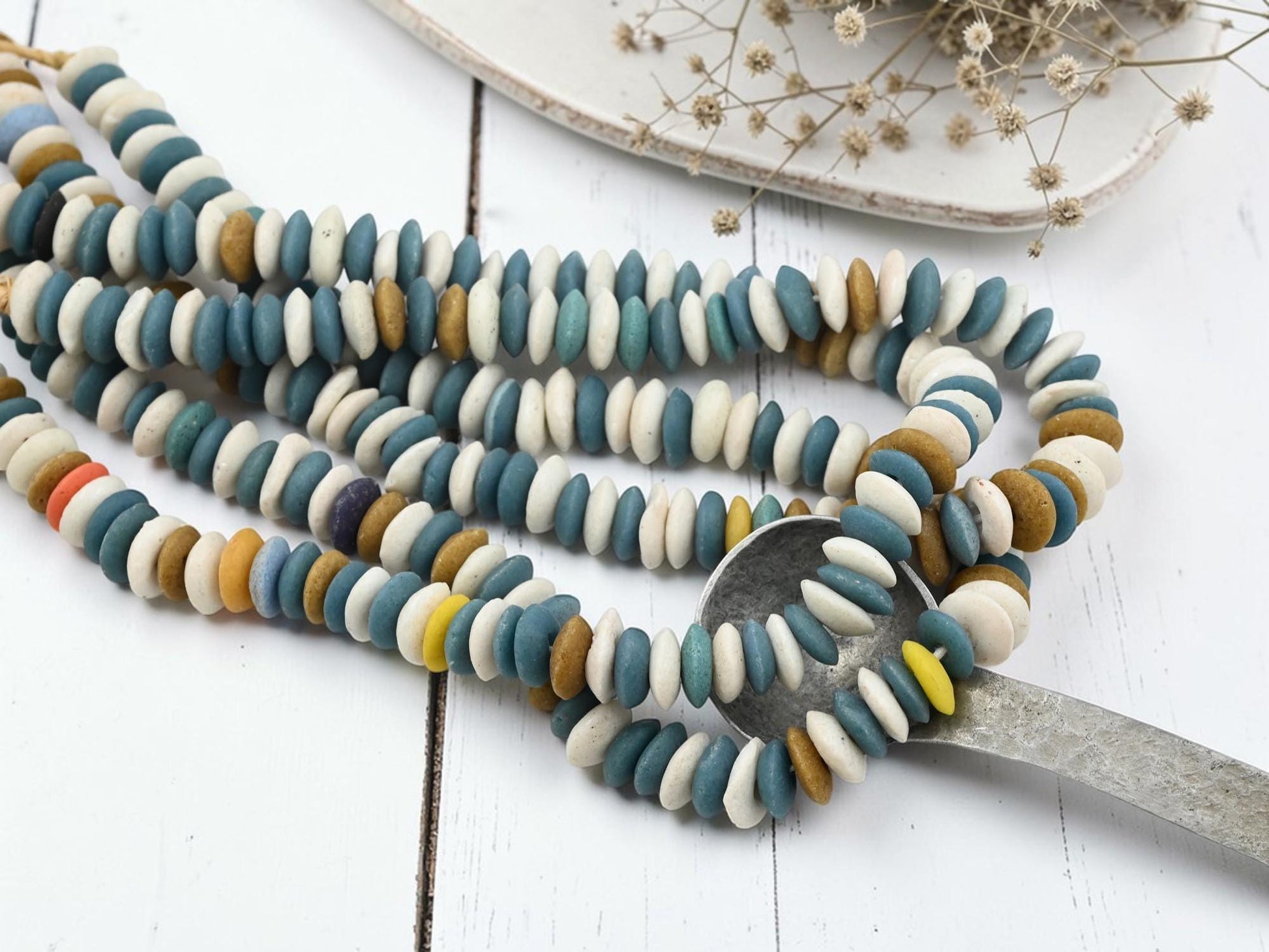 Ashanti Heishi Beads - African Ghana Recycled Glass - Krobo Beads - 13-15mm - 10" Strand - (J42)