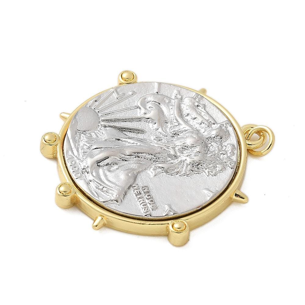 Mixed Metal Gold + Silver Ancient Roman Coin Style Pendant - 38x35mm - 1pcs - (A177)