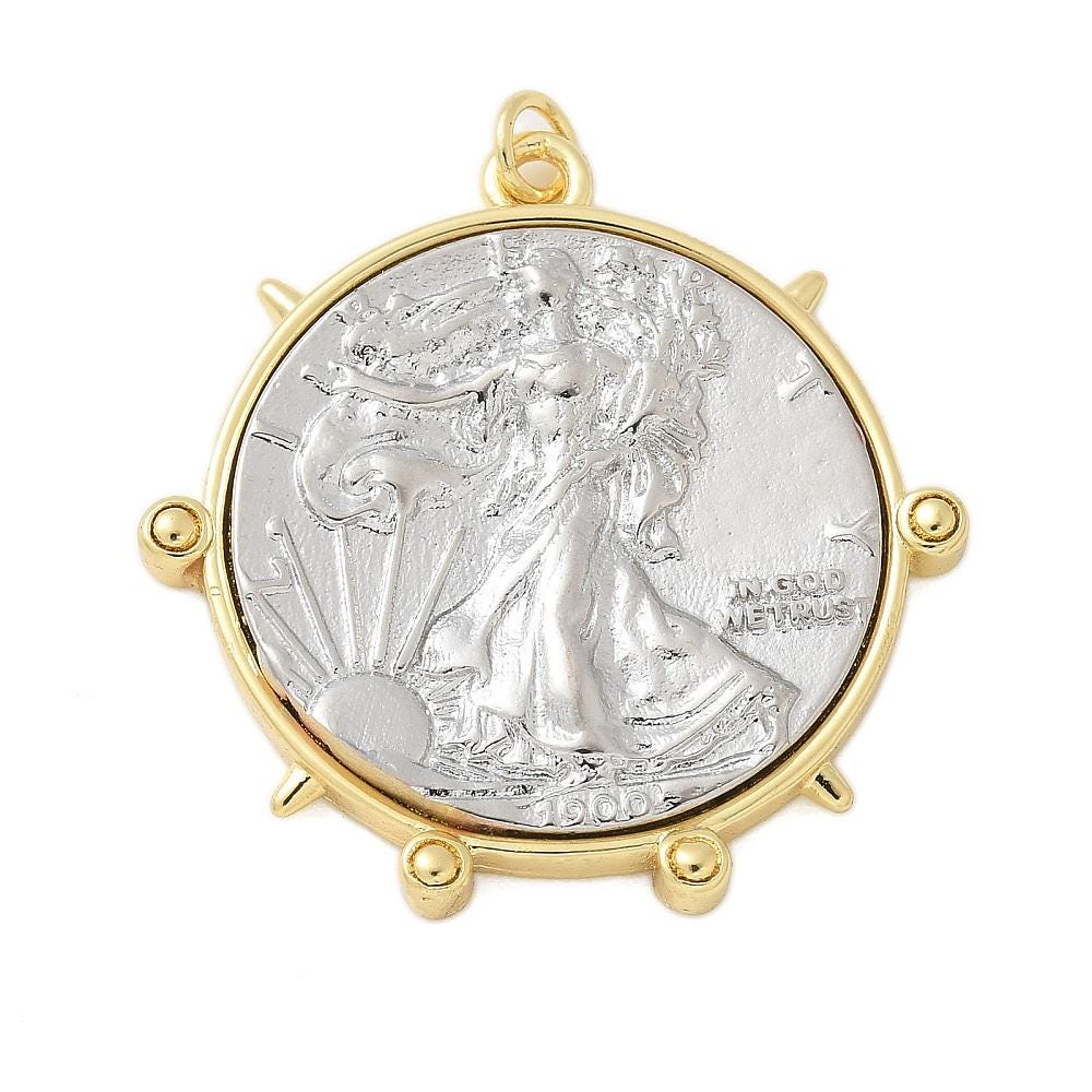 Mixed Metal Gold + Silver Ancient Roman Coin Style Pendant - 38x35mm - 1pcs - (A177)