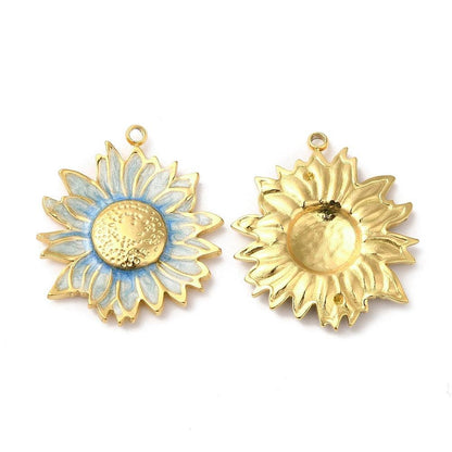 18k Gold Plated Stainless Steel Blue Daisy Charms - 24x21mm - 2pcs - (A205)