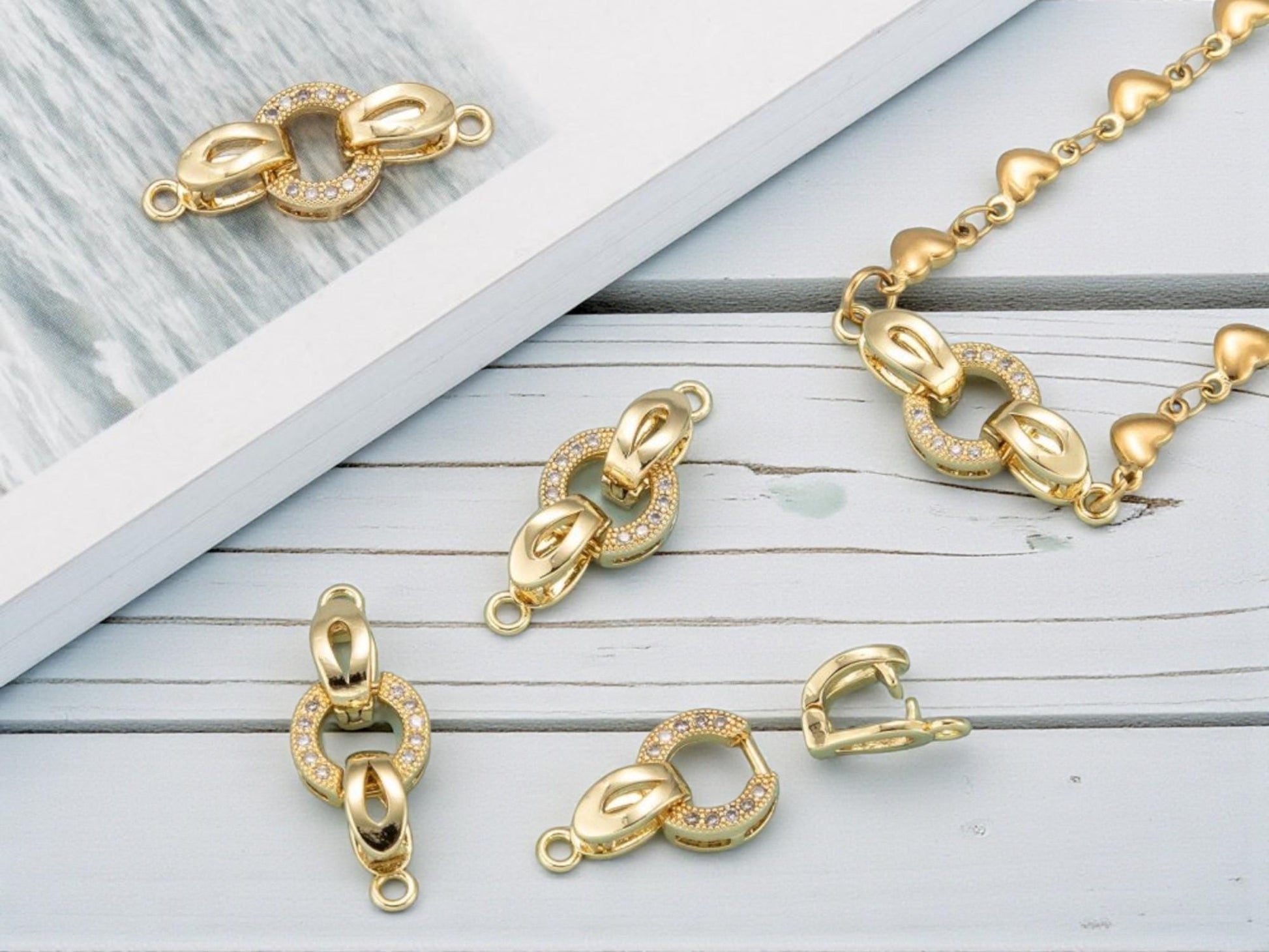 18k Gold Plated Brass Micro Pave Cubic Zirconia Fold Over Clasps - 25x10mm - 2pcs - (A109)