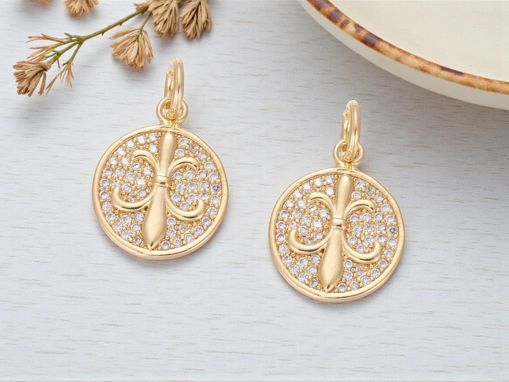 Long Lasting Gold Plated Brass Micro Pave Cubic Zirconia Fleur De Lis Charms - 16x13mm - 2pcs - (6050)