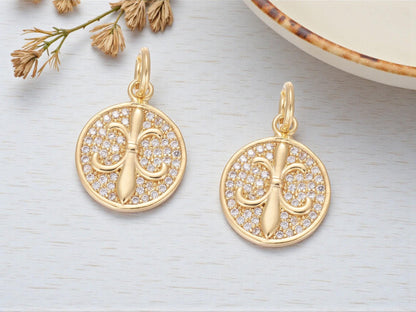 Long Lasting Gold Plated Brass Micro Pave Cubic Zirconia Fleur De Lis Charms - 16x13mm - 2pcs - (6050)