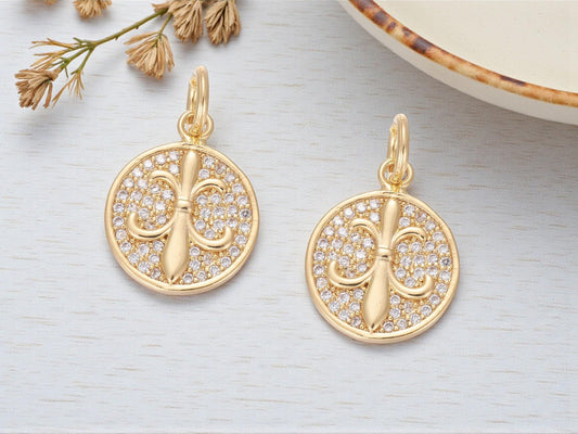 Long Lasting Gold Plated Brass Micro Pave Cubic Zirconia Fleur De Lis Charms - 16x13mm - 2pcs - (6050)