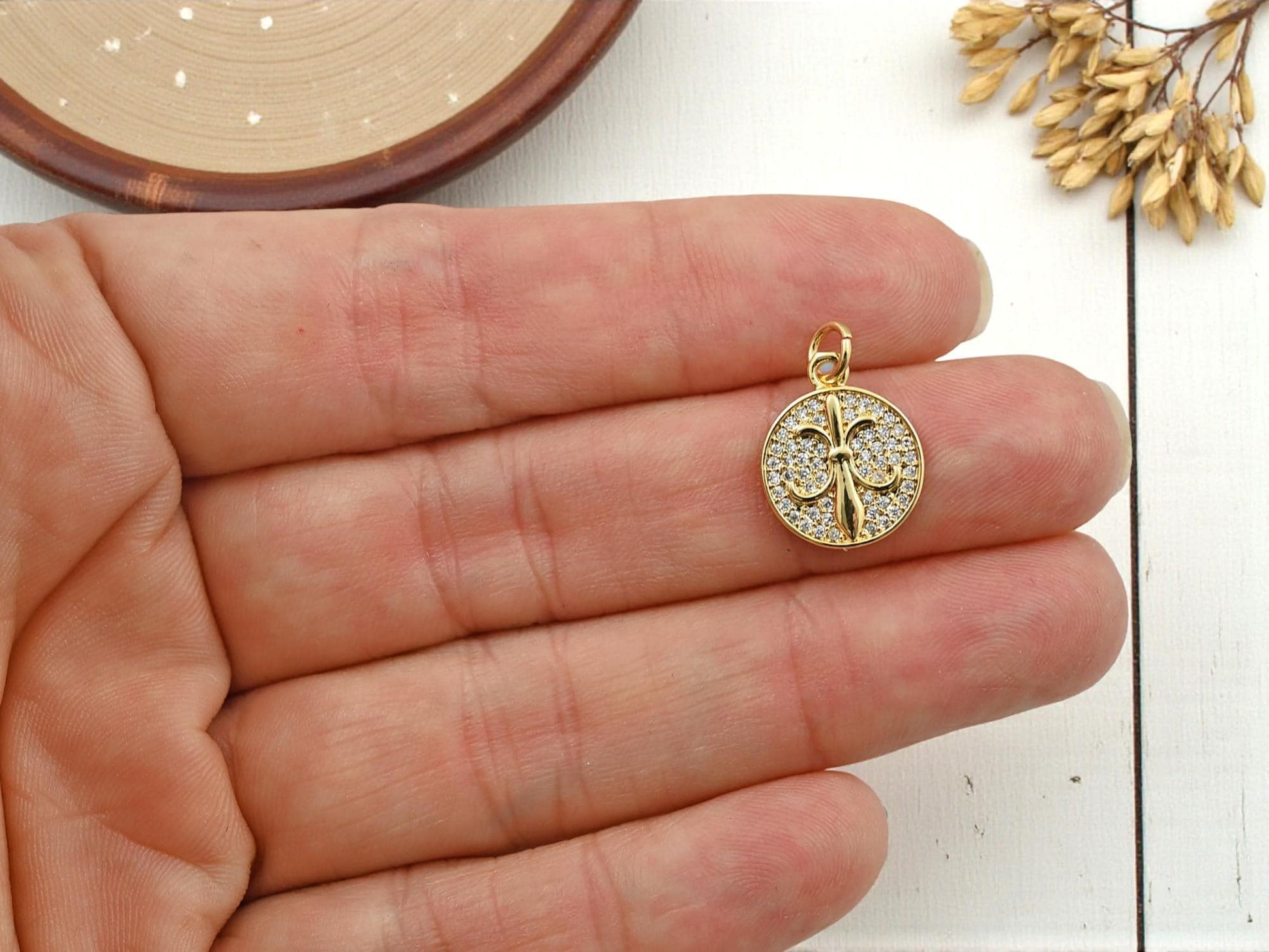 Long Lasting Gold Plated Brass Micro Pave Cubic Zirconia Fleur De Lis Charms - 16x13mm - 2pcs - (6050)