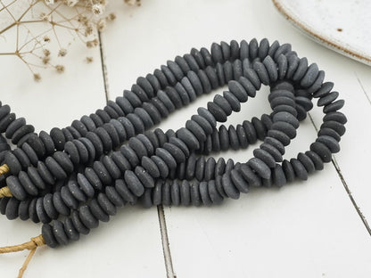 Ghana African Recycled Glass Charcoal Grey Ashanti Heishi Beads - 13-15mm - 10" Strand - (J59)