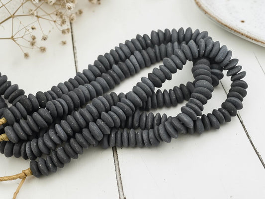 Ghana African Recycled Glass Charcoal Grey Ashanti Heishi Beads - 13-15mm - 10" Strand - (J59)