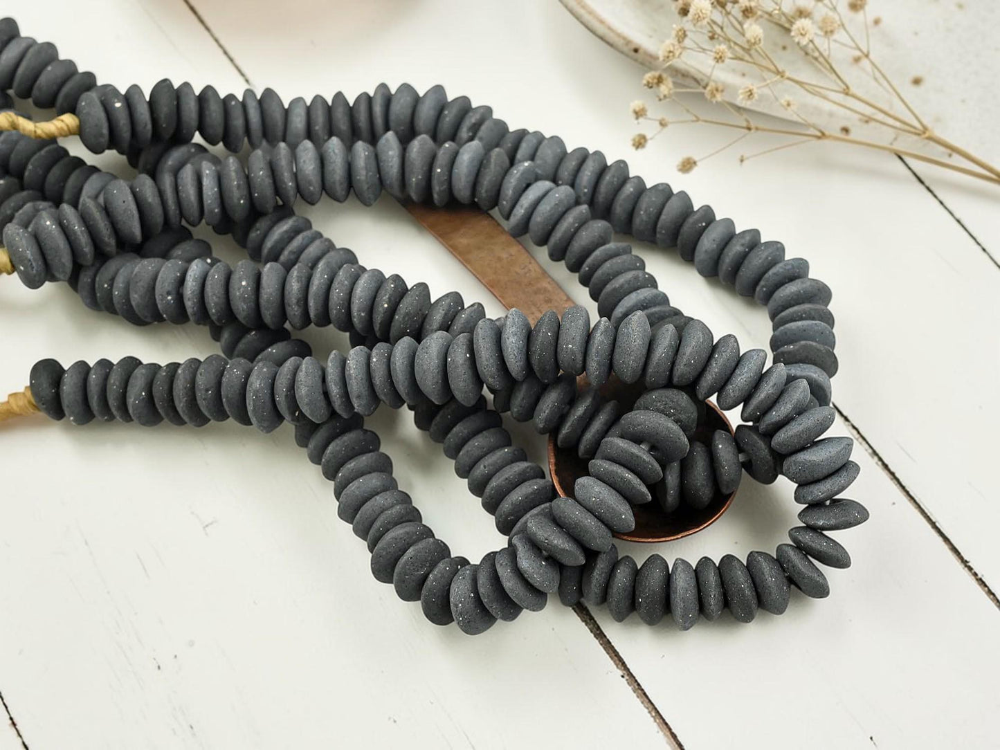 Ghana African Recycled Glass Charcoal Grey Ashanti Heishi Beads - 13-15mm - 10" Strand - (J59)