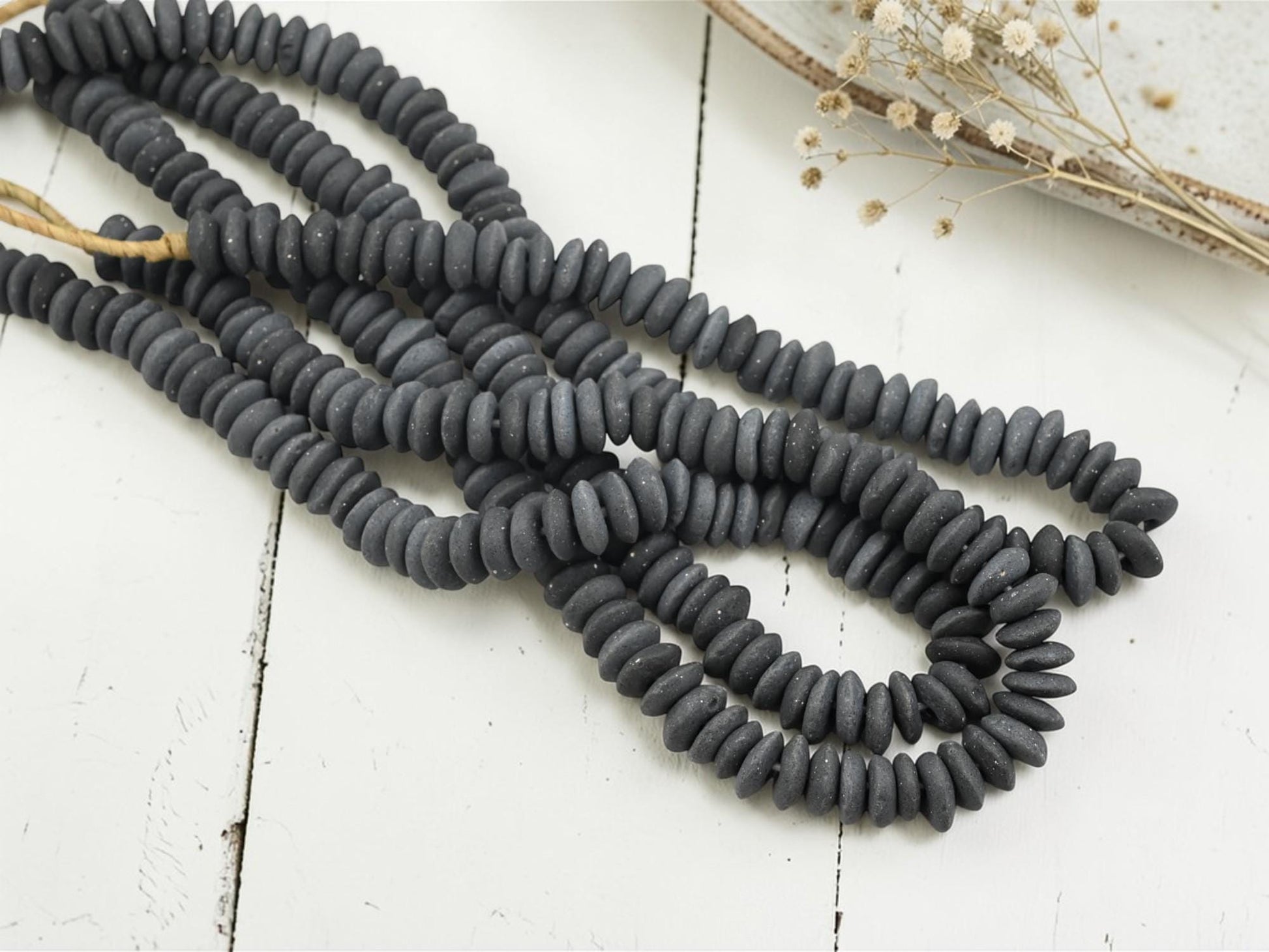 Ghana African Recycled Glass Charcoal Grey Ashanti Heishi Beads - 13-15mm - 10" Strand - (J59)