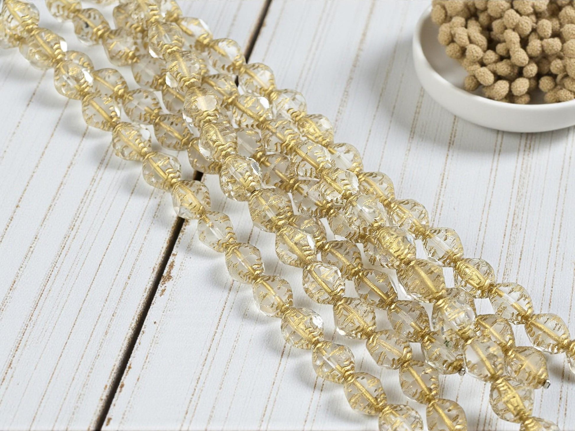 Czech Glass Faceted Fire Polished Bicone Beads - Gold Washed Crystal - 8x10mm - 15pcs - A425