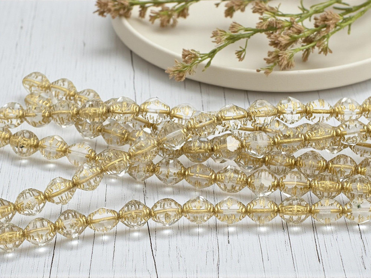 Czech Glass Faceted Fire Polished Bicone Beads - Gold Washed Crystal - 8x10mm - 15pcs - A425