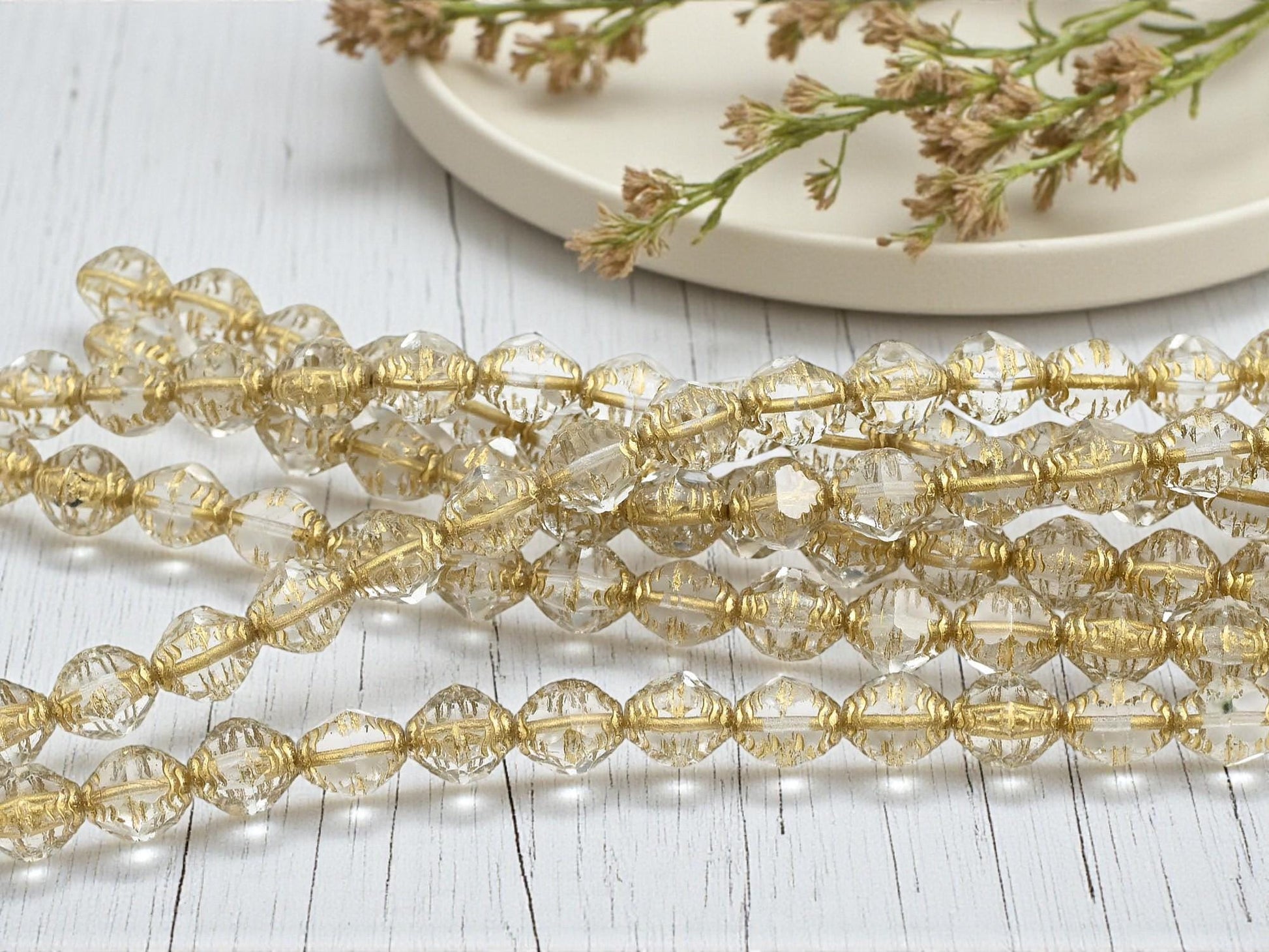 Czech Glass Faceted Fire Polished Bicone Beads - Gold Washed Crystal - 8x10mm - 15pcs - A425