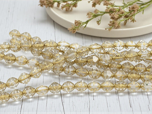 Czech Glass Faceted Fire Polished Bicone Beads - Gold Washed Crystal - 8x10mm - 15pcs - A425