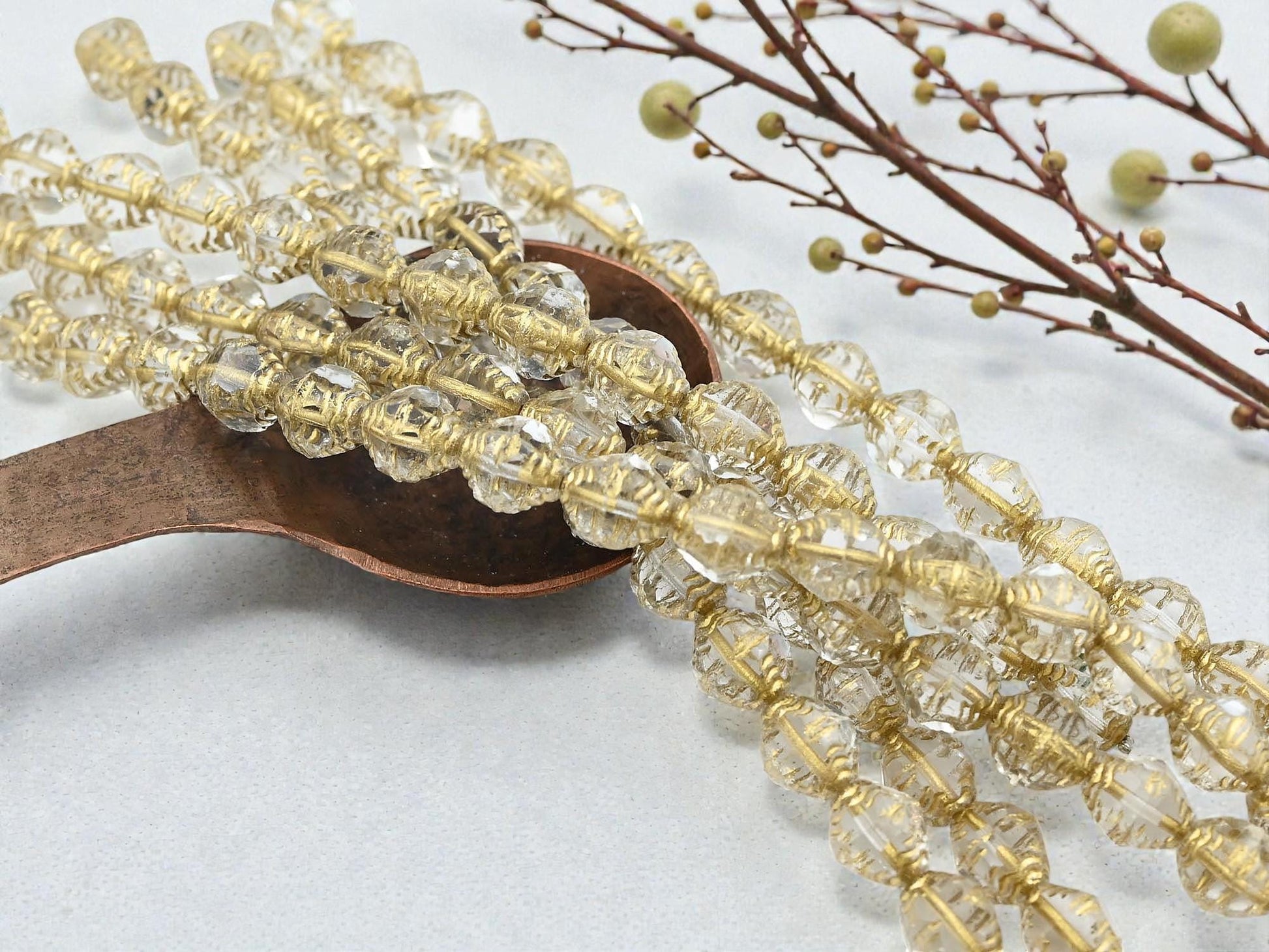 Czech Glass Faceted Fire Polished Bicone Beads - Gold Washed Crystal - 8x10mm - 15pcs - A425