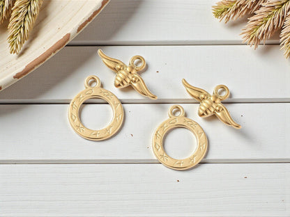 18k Gold Plated Stainless Steel Bumble Bee Toggle Clasps - 18x14mm - 5 Sets - (1241)