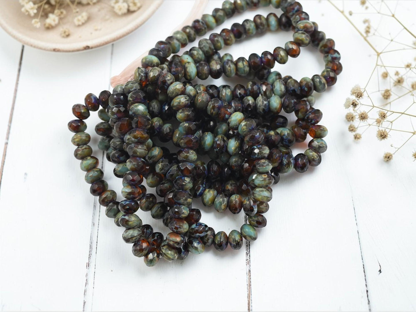 Small Czech Glass Faceted Fire Polished Rondelle Beads - Topaz Turquoise Picasso - 30pcs - 3x5mm - (4691)