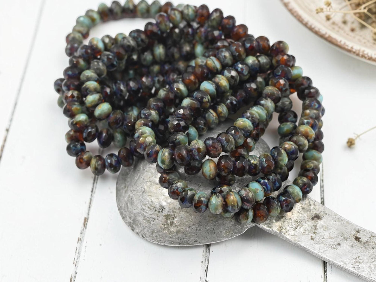 Small Czech Glass Faceted Fire Polished Rondelle Beads - Topaz Turquoise Picasso - 30pcs - 3x5mm - (4691)