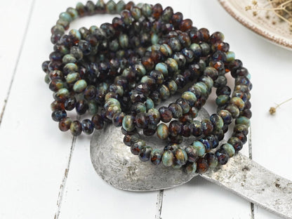 Small Czech Glass Faceted Fire Polished Rondelle Beads - Topaz Turquoise Picasso - 30pcs - 3x5mm - (4691)