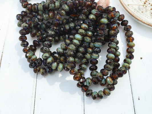 Small Czech Glass Faceted Fire Polished Rondelle Beads - Topaz Turquoise Picasso - 30pcs - 3x5mm - (4691)