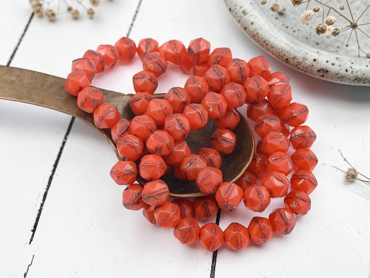 Czech Glass 8mm Antique Cut Round Beads - English Cut - Brown Washed Orange Opaline - 20pcs - (1148)