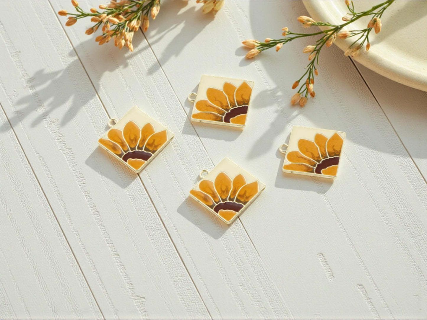 Gold Metal Plated Enamel Sunflower Charms - 21x18mm - 5pcs - (A485)