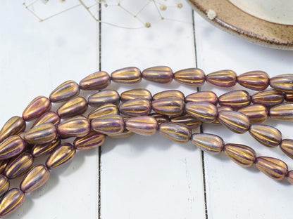 Czech Glass Melon Tear Drop Beads - Gold Lustered Purple - 16pcs - 13x8mm - (5488)