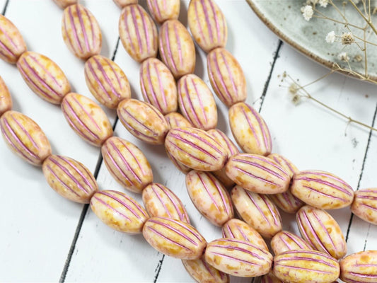 Czech Glass Oval Melon Beads - Pink Washed Alabaster Picasso - 9pcs - 13x8mm - (5834)