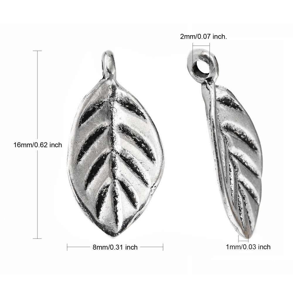 Antique Silver - Antique Bronze - Antique Gold - Metal Leaf Charms - 16x8mm - 50pc