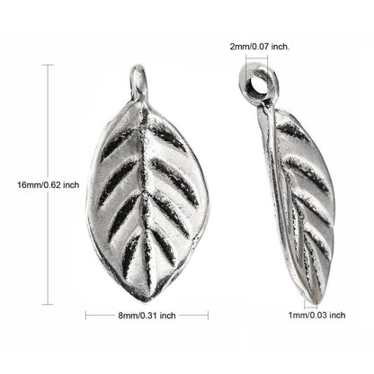 Antique Silver - Antique Bronze - Antique Gold - Metal Leaf Charms - 16x8mm - 50pc
