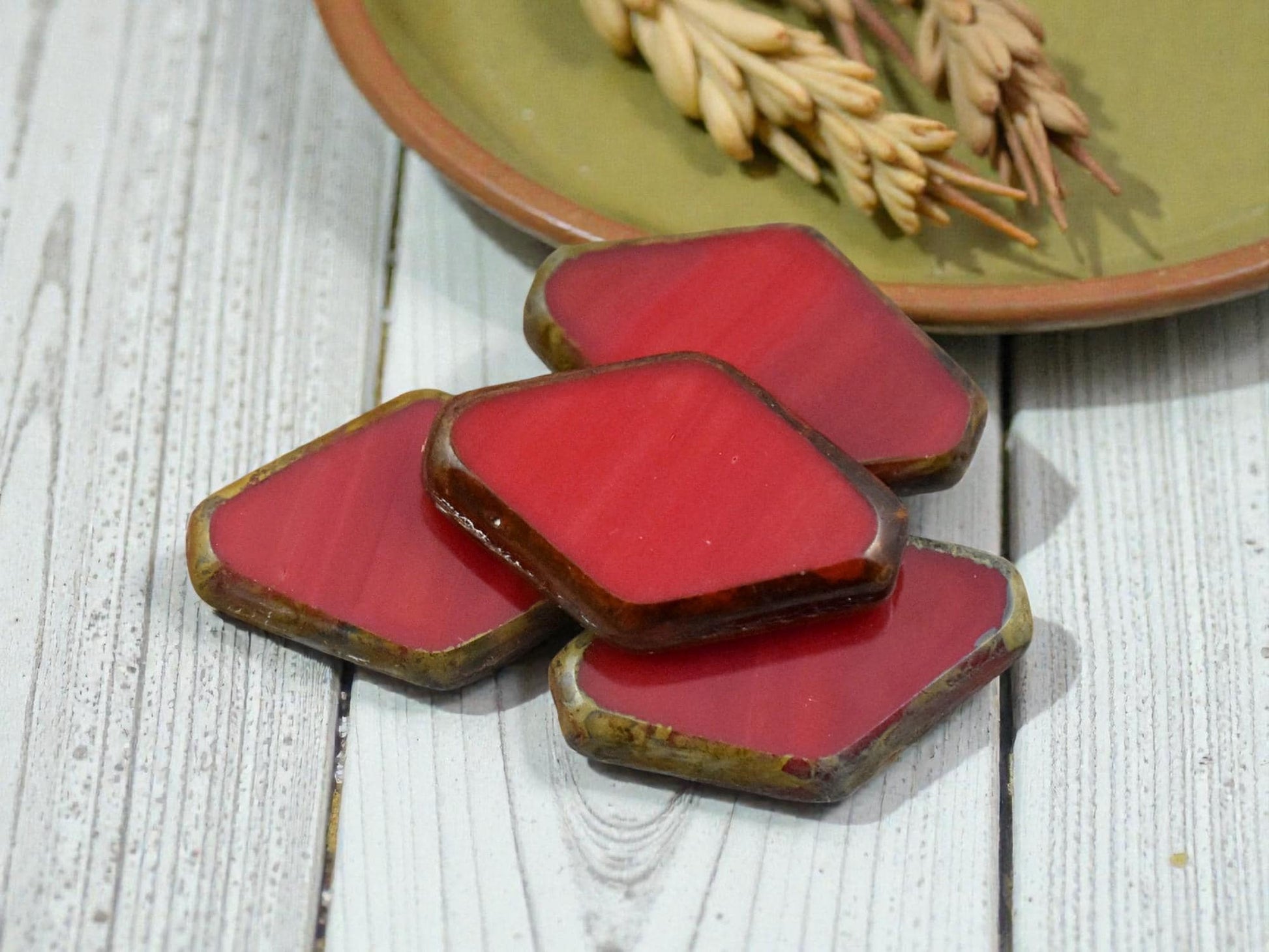 *6* 20x13mm Opaque Red Picasso Table Cut Diamond Beads