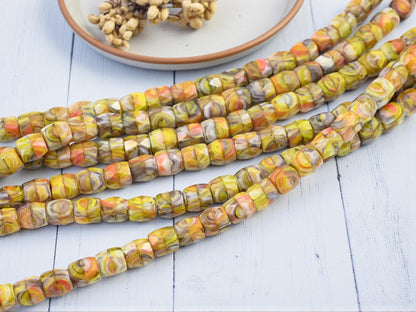 Old Stock Czech Glass Faceted Barrel Beads - Marbled Saffron Mix - 8x7mm - 24pcs - (B687)