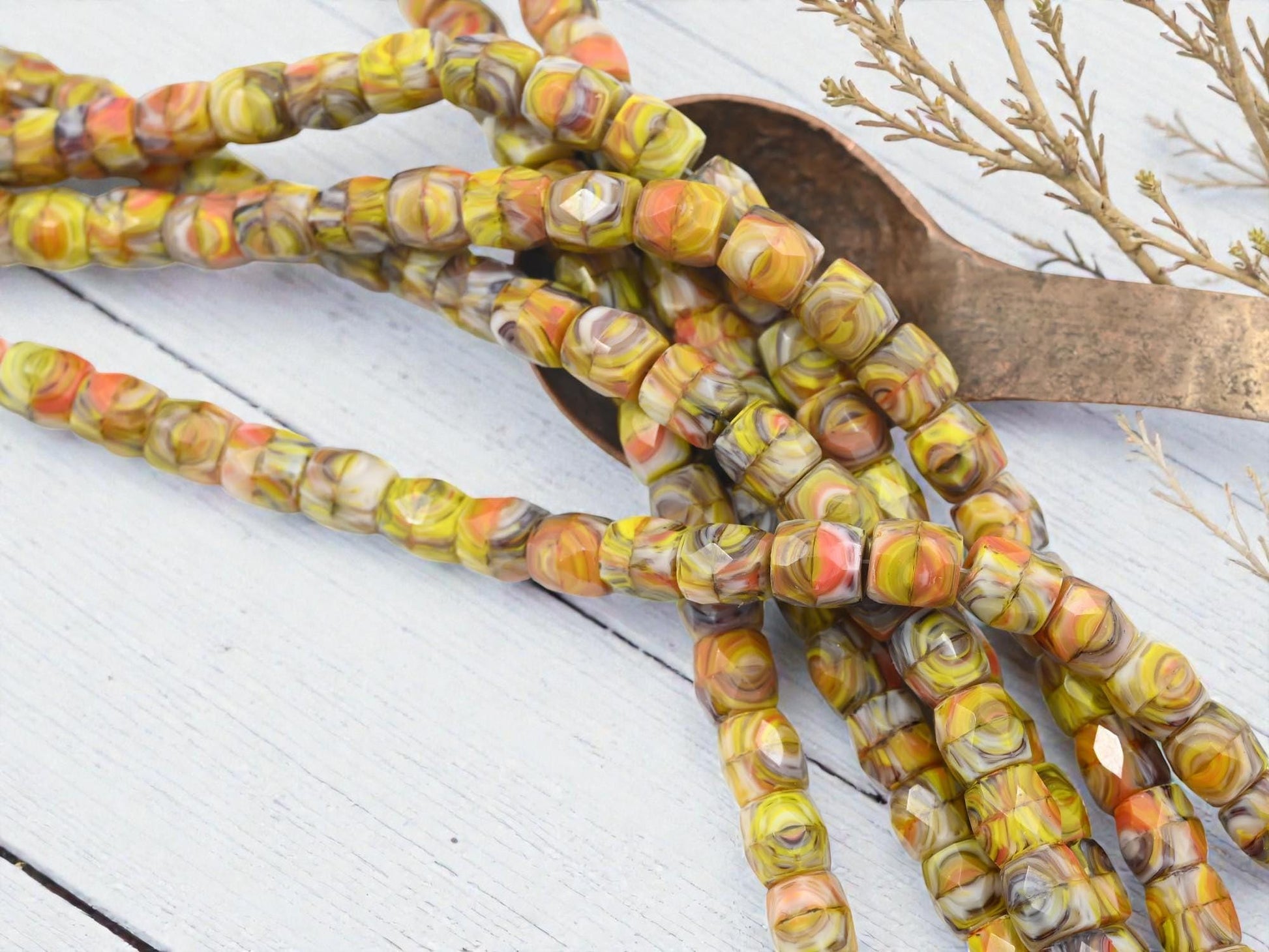 Old Stock Czech Glass Faceted Barrel Beads - Marbled Saffron Mix - 8x7mm - 24pcs - (B687)