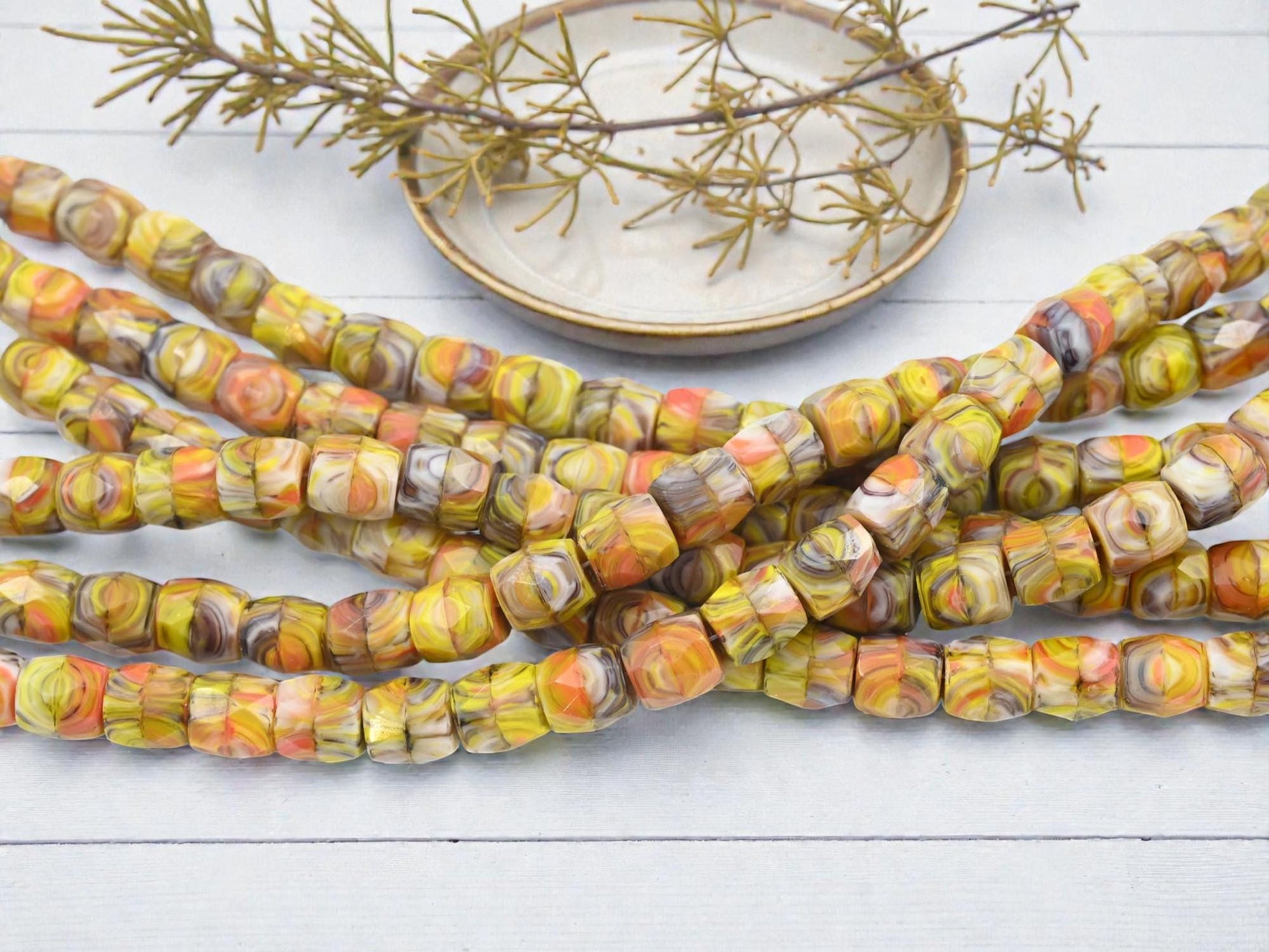 Old Stock Czech Glass Faceted Barrel Beads - Marbled Saffron Mix - 8x7mm - 24pcs - (B687)