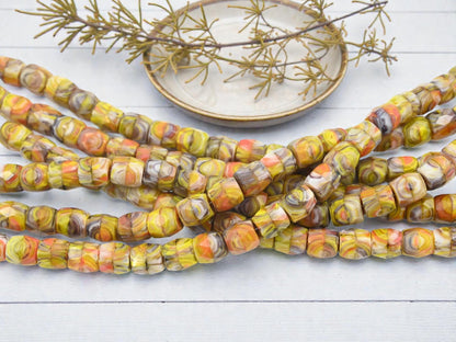 Old Stock Czech Glass Faceted Barrel Beads - Marbled Saffron Mix - 8x7mm - 24pcs - (B687)