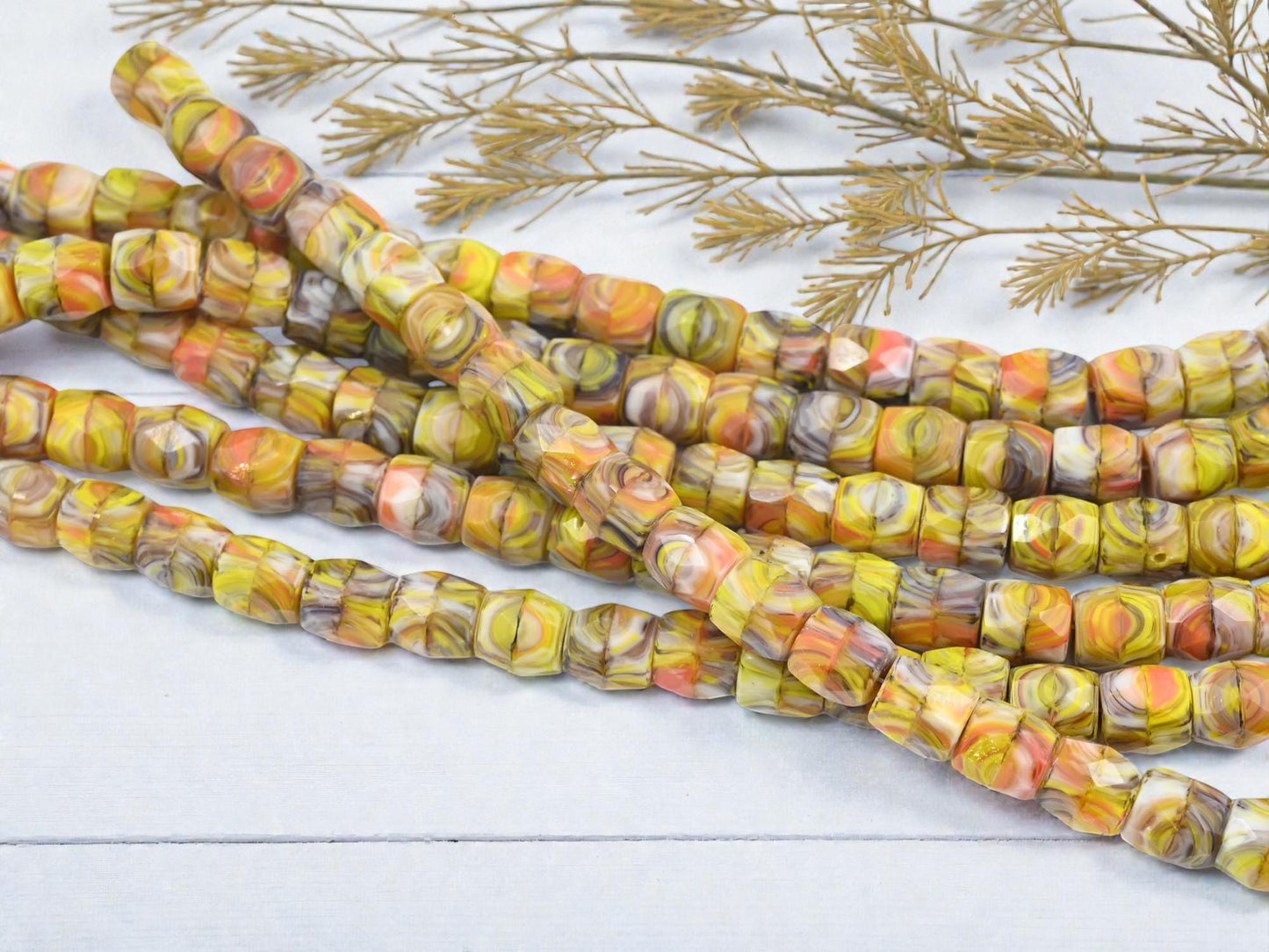 Old Stock Czech Glass Faceted Barrel Beads - Marbled Saffron Mix - 8x7mm - 24pcs - (B687)