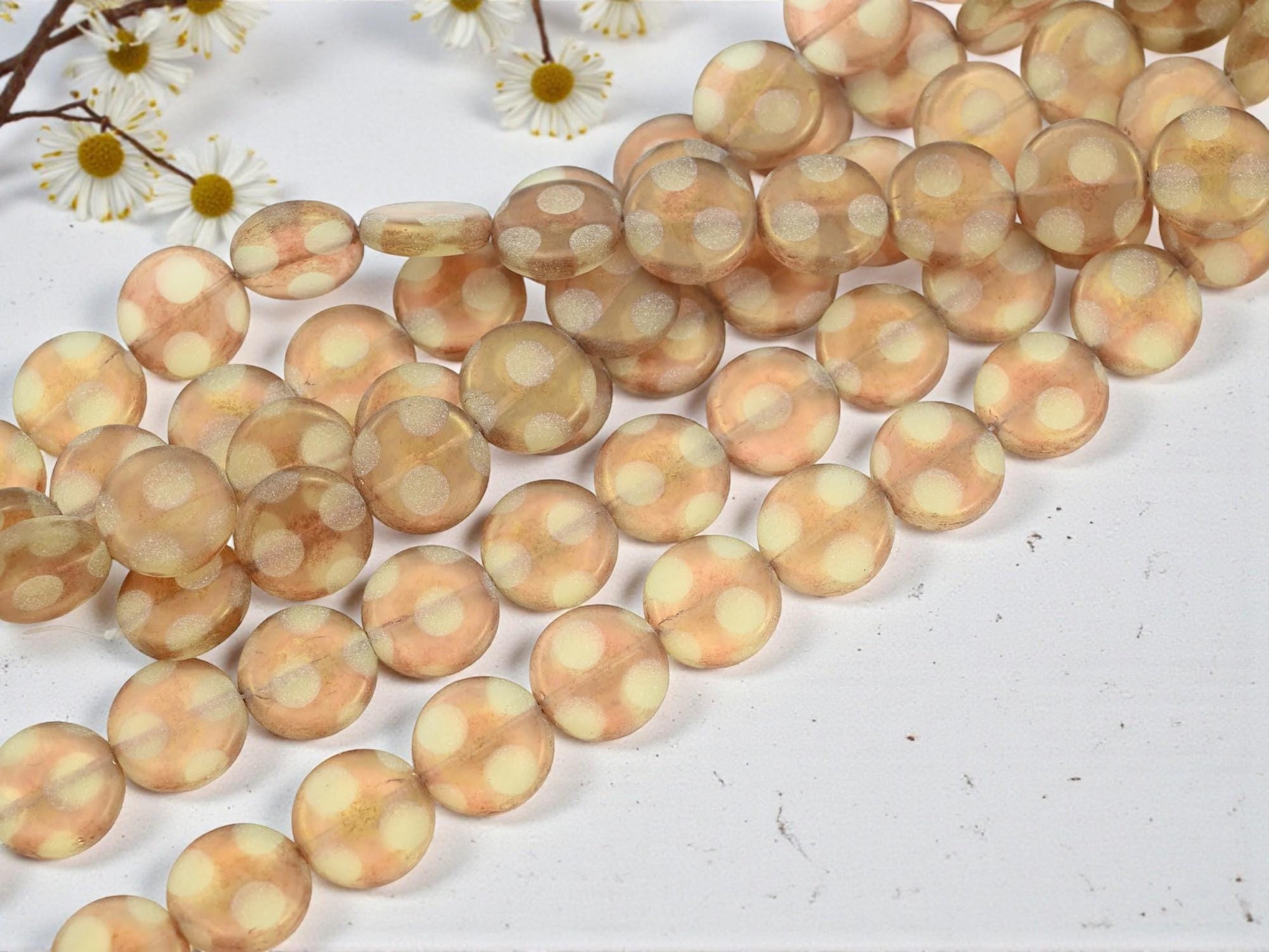 Old Stock Czech Glass Airbrushed Coin Beads - Peridot Rose Gold Luster - 14mm - 15pcs - (A426)