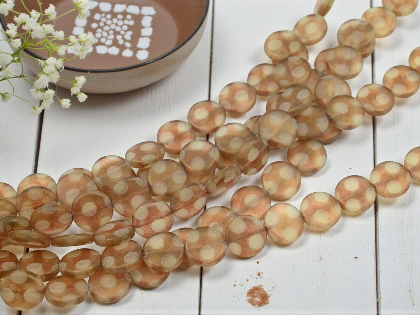 Old Stock Czech Glass Airbrushed Coin Beads - Peridot Rose Gold Luster - 14mm - 15pcs - (A426)