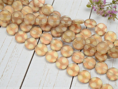 Old Stock Czech Glass Airbrushed Coin Beads - Peridot Rose Gold Luster - 14mm - 15pcs - (A426)