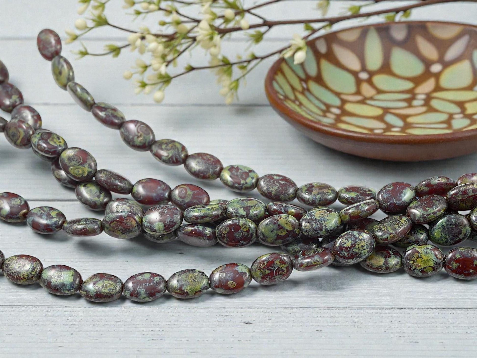 Picasso Beads - Czech Glass Beads - Old Stock Beads - Oval Beads - 12x8mm - 17pcs - (B856)