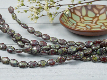Picasso Beads - Czech Glass Beads - Old Stock Beads - Oval Beads - 12x8mm - 17pcs - (B856)