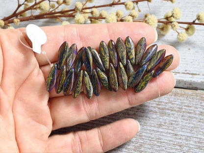Czech Glass Beads - Dagger Beads - 5x16mm Dagger - Picasso Beads - 25pcs - (2576)