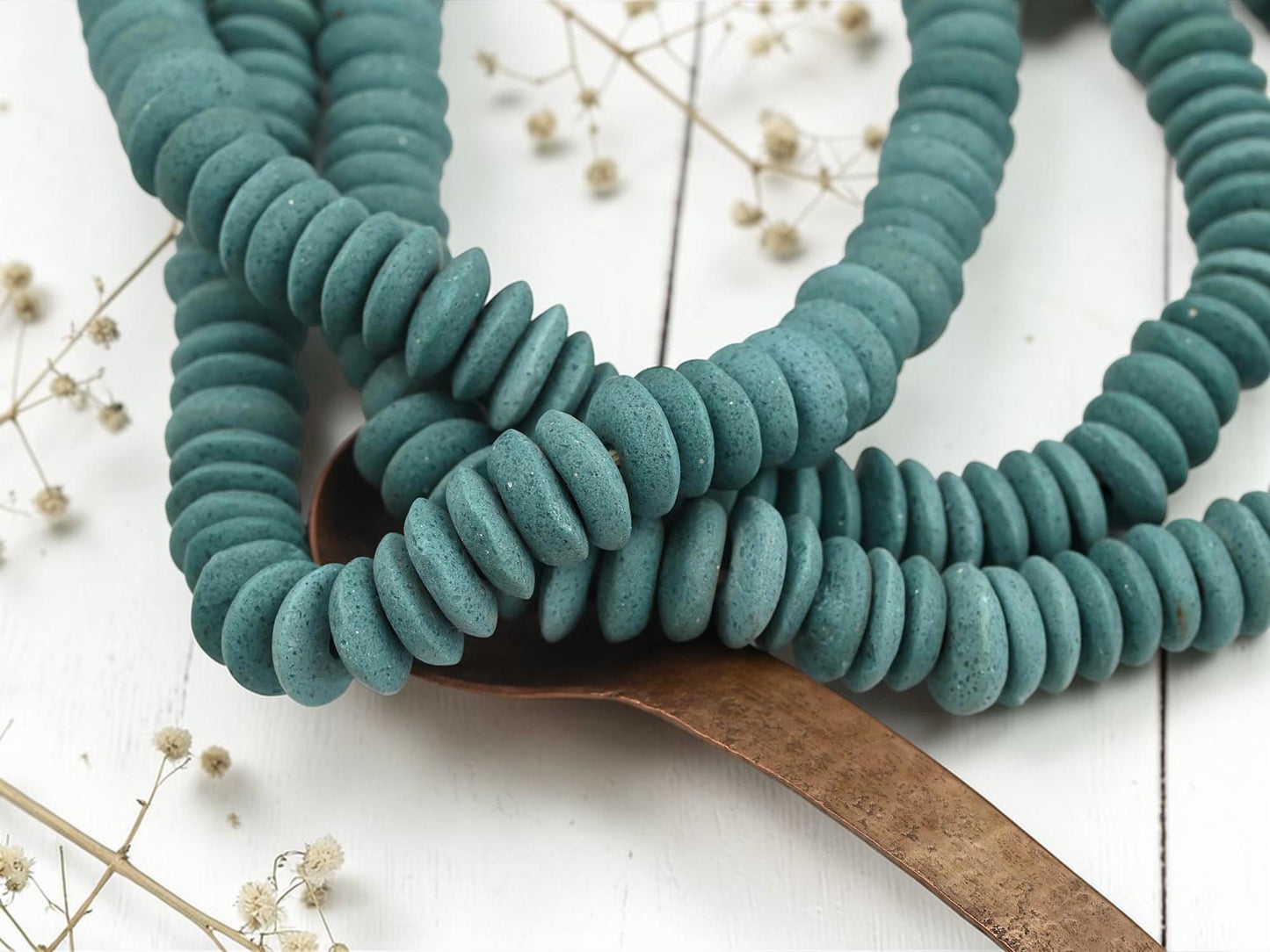 Africa Ghana Recycled Glass Ashanti Heishi Beads - Teal - 13-15mm - 10" Strand - (J66)