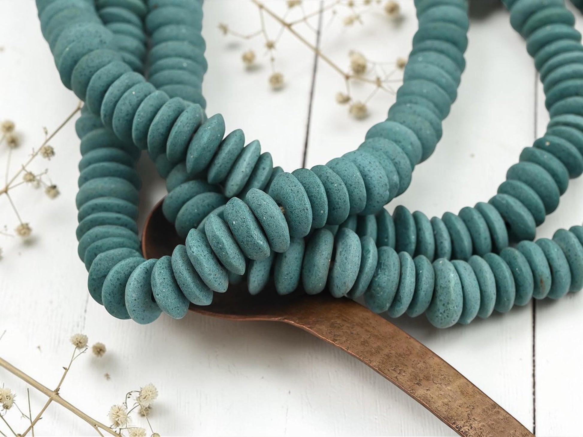 Africa Ghana Recycled Glass Ashanti Heishi Beads - Teal - 13-15mm - 10" Strand - (J66)