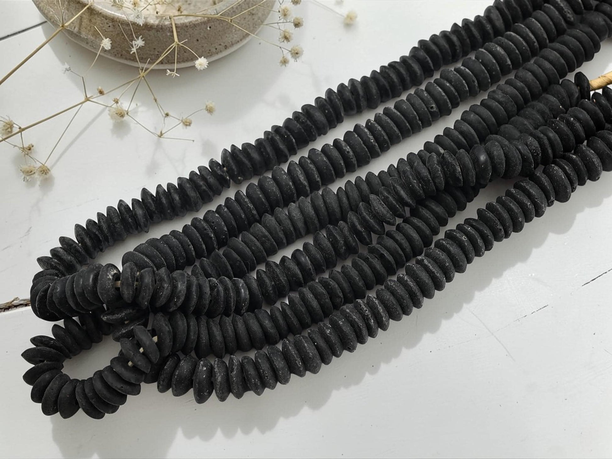 Africa Ghana Recycled Glass Ashanti Heishi Beads - Jet Black - 13-15mm - 10" Strand - (J74)