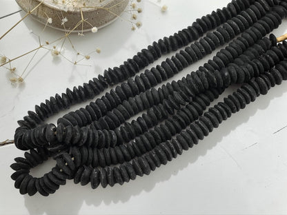Africa Ghana Recycled Glass Ashanti Heishi Beads - Jet Black - 13-15mm - 10" Strand - (J74)