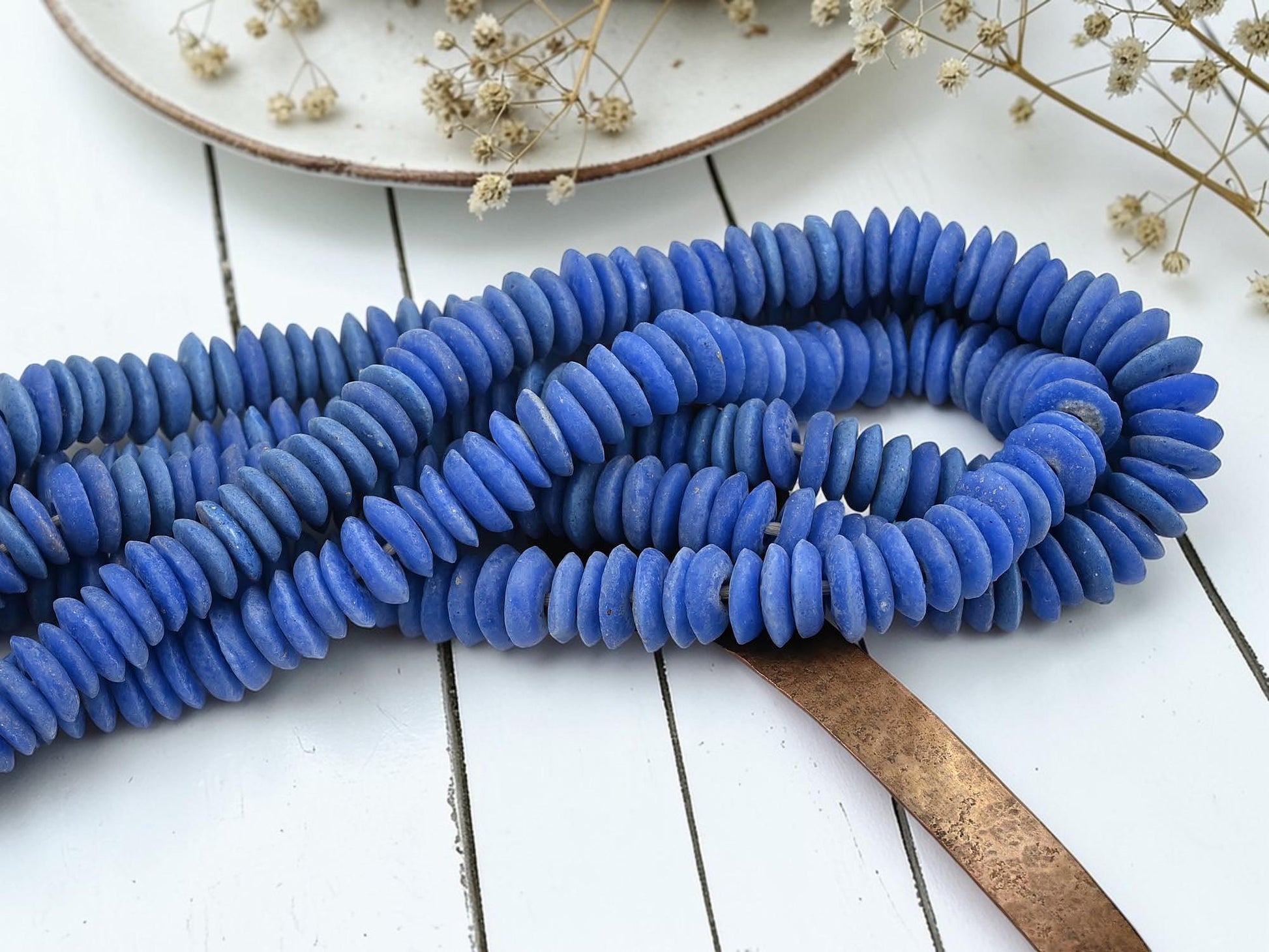 Africa Ghana Recycled Glass Ashanti Heishi Beads - Cerulean Blue - 13-15mm - 10" Strand - (J82)