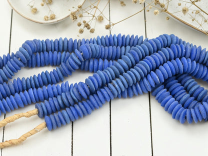 Africa Ghana Recycled Glass Ashanti Heishi Beads - Cerulean Blue - 13-15mm - 10" Strand - (J82)